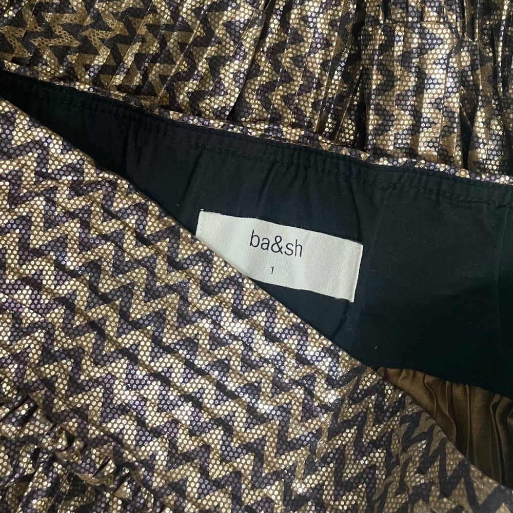 BA&SH Pleated Jupe Poly Midi Skirt Chevron Stripe Foil Metallic Tiered Size 6 - Picture 12 of 16